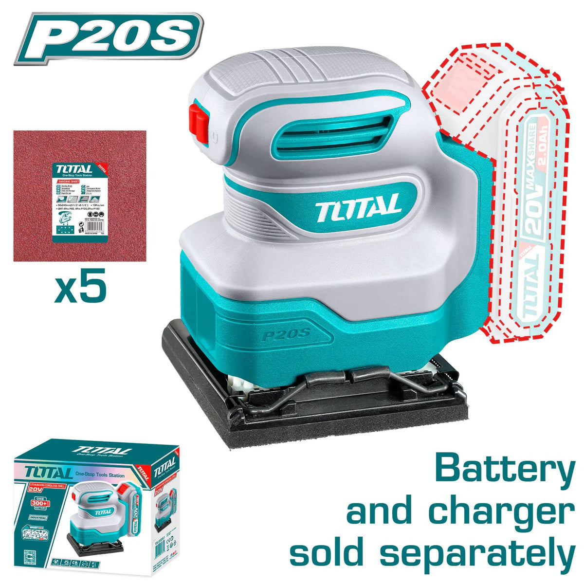 TOTAL TSHSLI2014 20V Cordless Palm Sheet Sander with Sandpaper Accessories